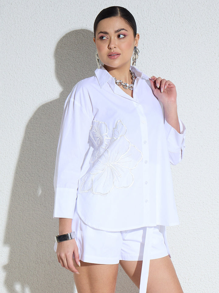 Women White Poplin Embellishment Oversize Shirt