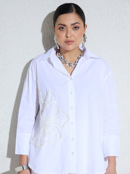 Women White Poplin Embellishment Oversize Shirt