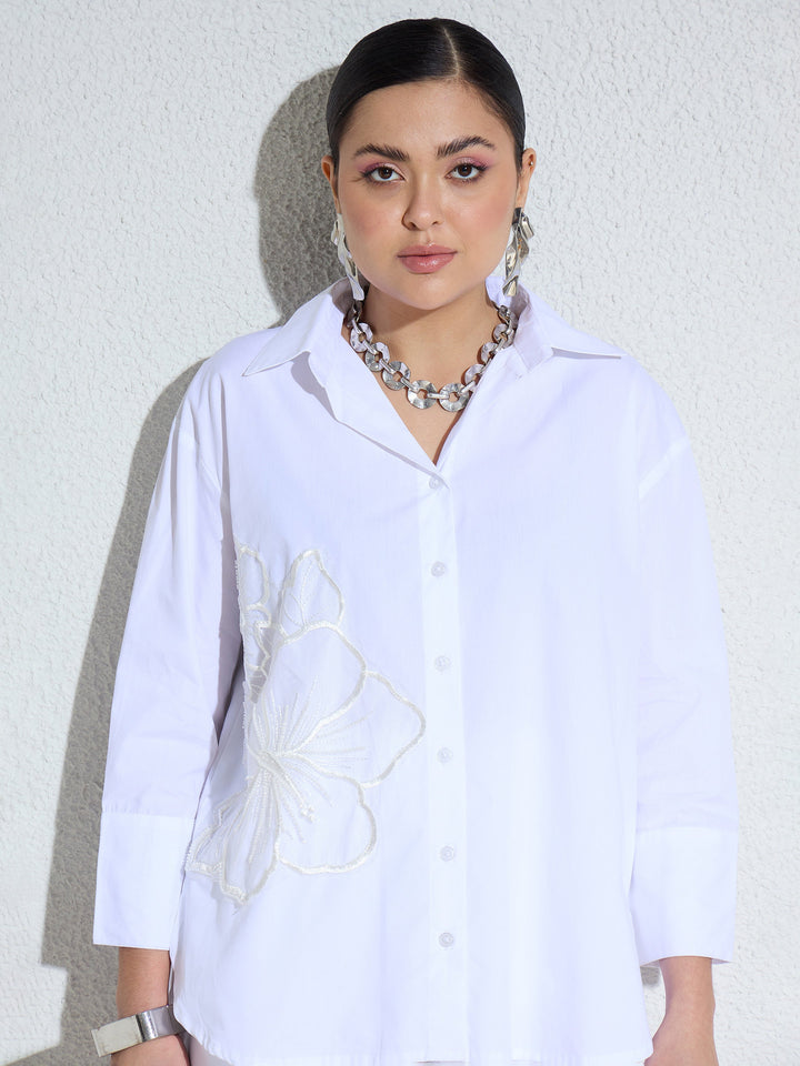Women White Poplin Embellishment Oversize Shirt