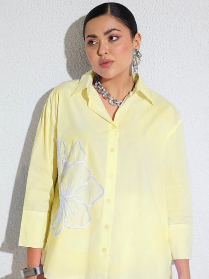 Women Yellow Poplin Embellishment Oversize shirt
