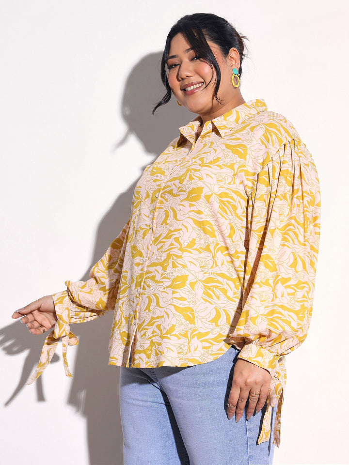 Women Yellow Floral Sleeve Knot Collar Shirt