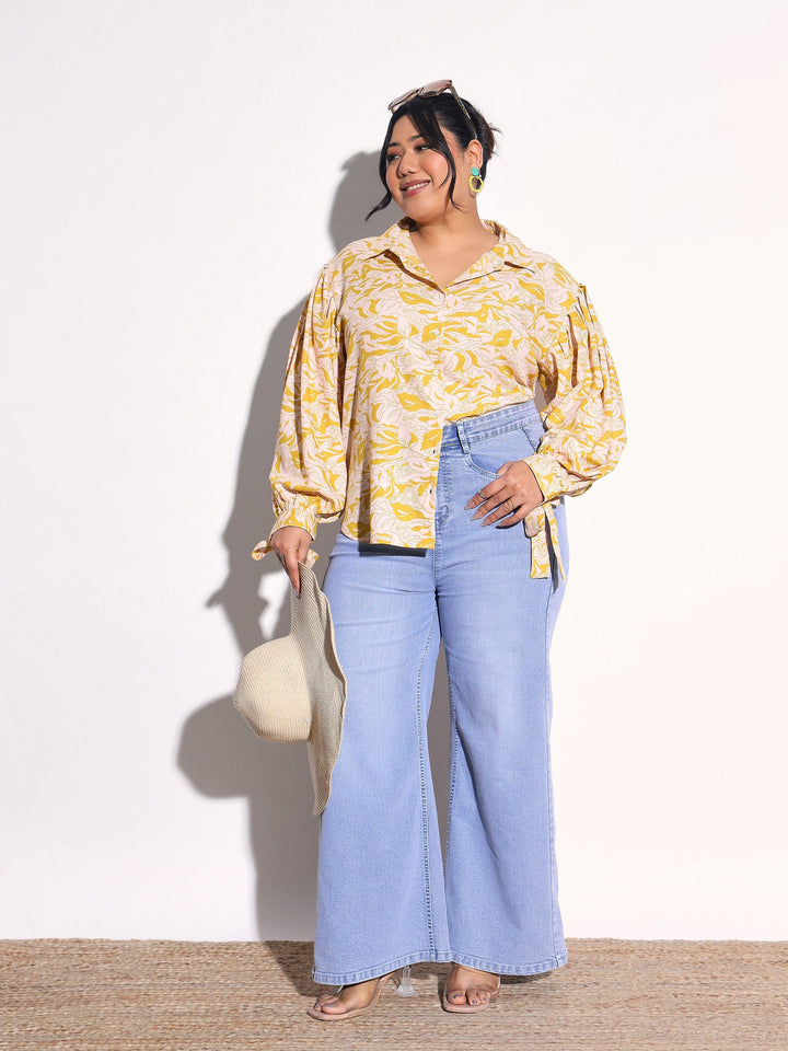 Women Yellow Floral Sleeve Knot Collar Shirt