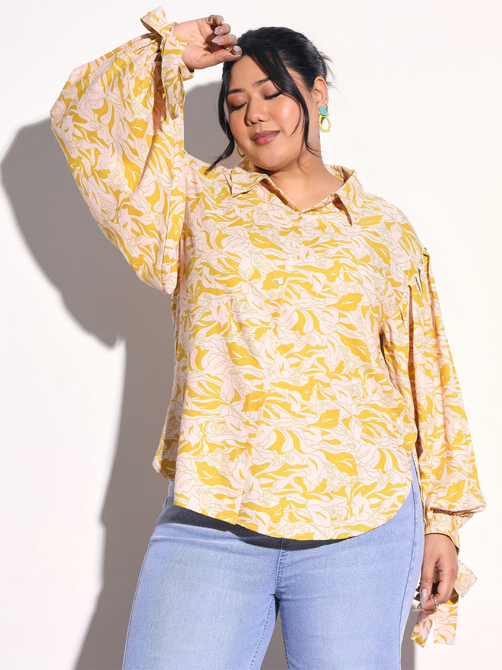 Women Yellow Floral Sleeve Knot Collar Shirt