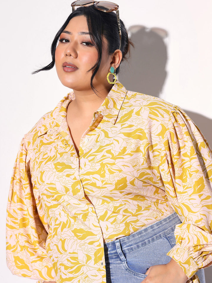 Women Yellow Floral Sleeve Knot Collar Shirt