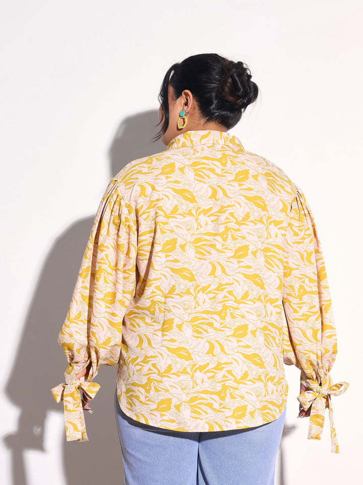 Women Yellow Floral Sleeve Knot Collar Shirt
