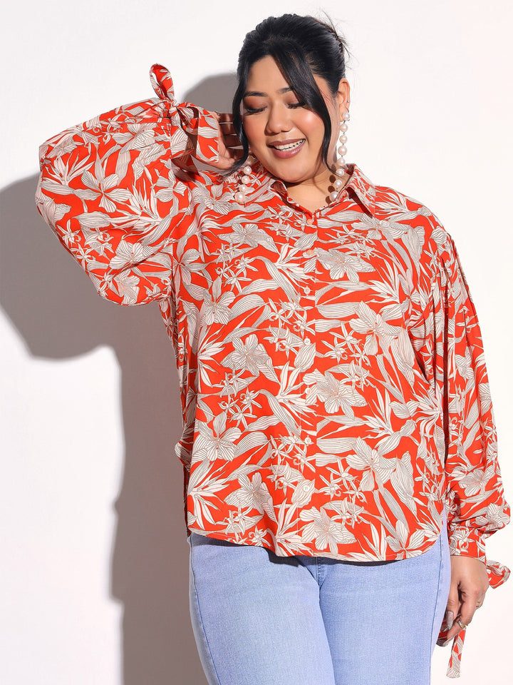 Women Orange Floral Sleeve Knot Collar Shirt
