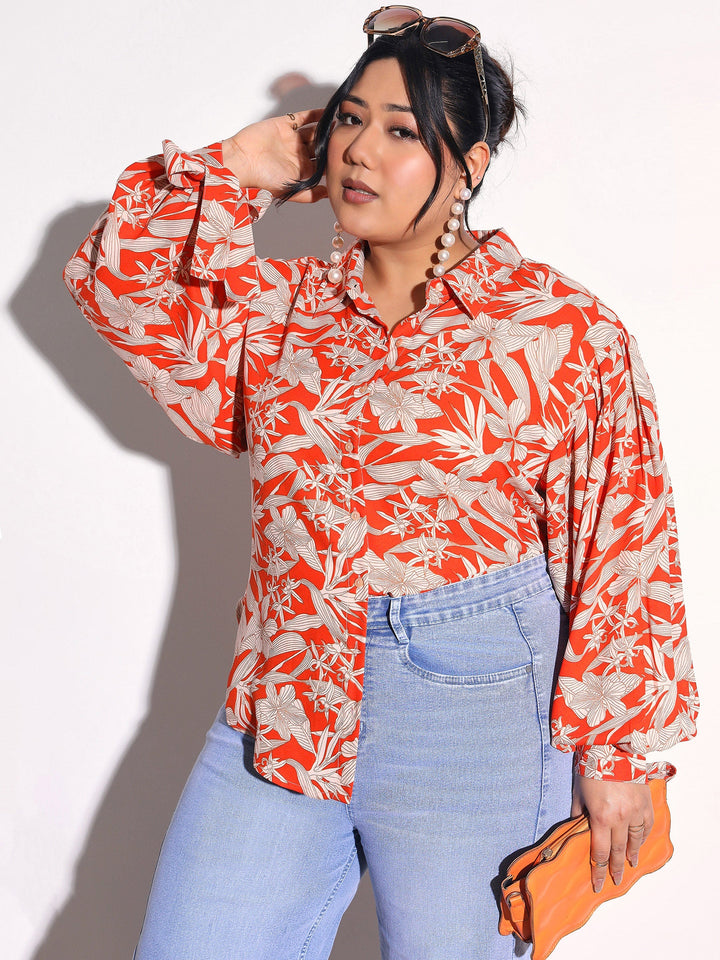 Women Orange Floral Sleeve Knot Collar Shirt