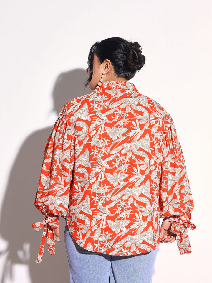 Women Orange Floral Sleeve Knot Collar Shirt