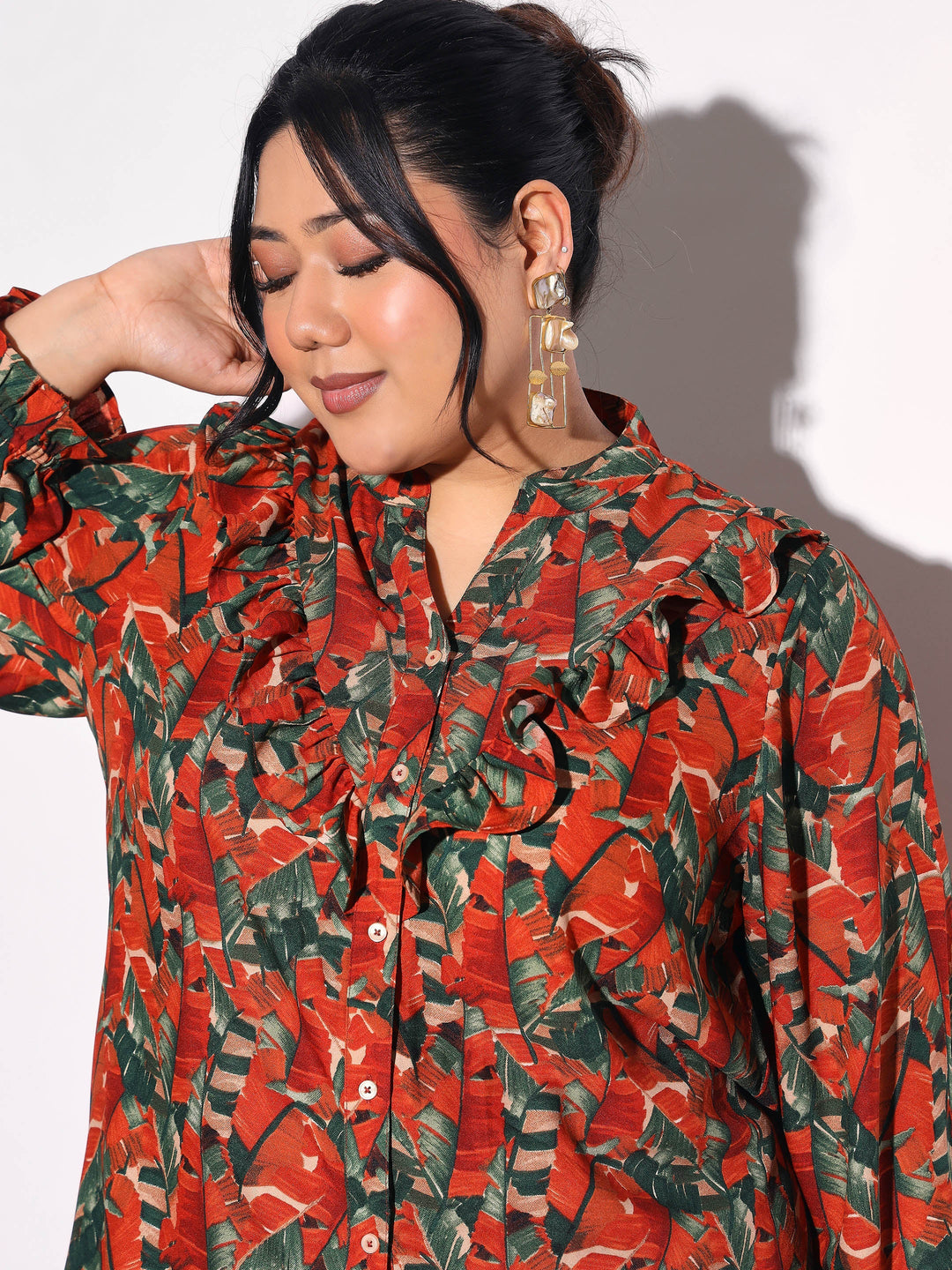 Women Rust Tropical Print Front Frill Regular Shirt