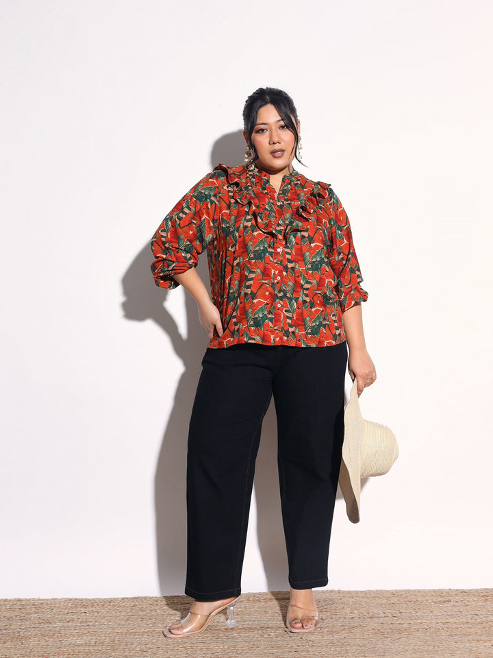 Women Rust Tropical Print Front Frill Regular Shirt