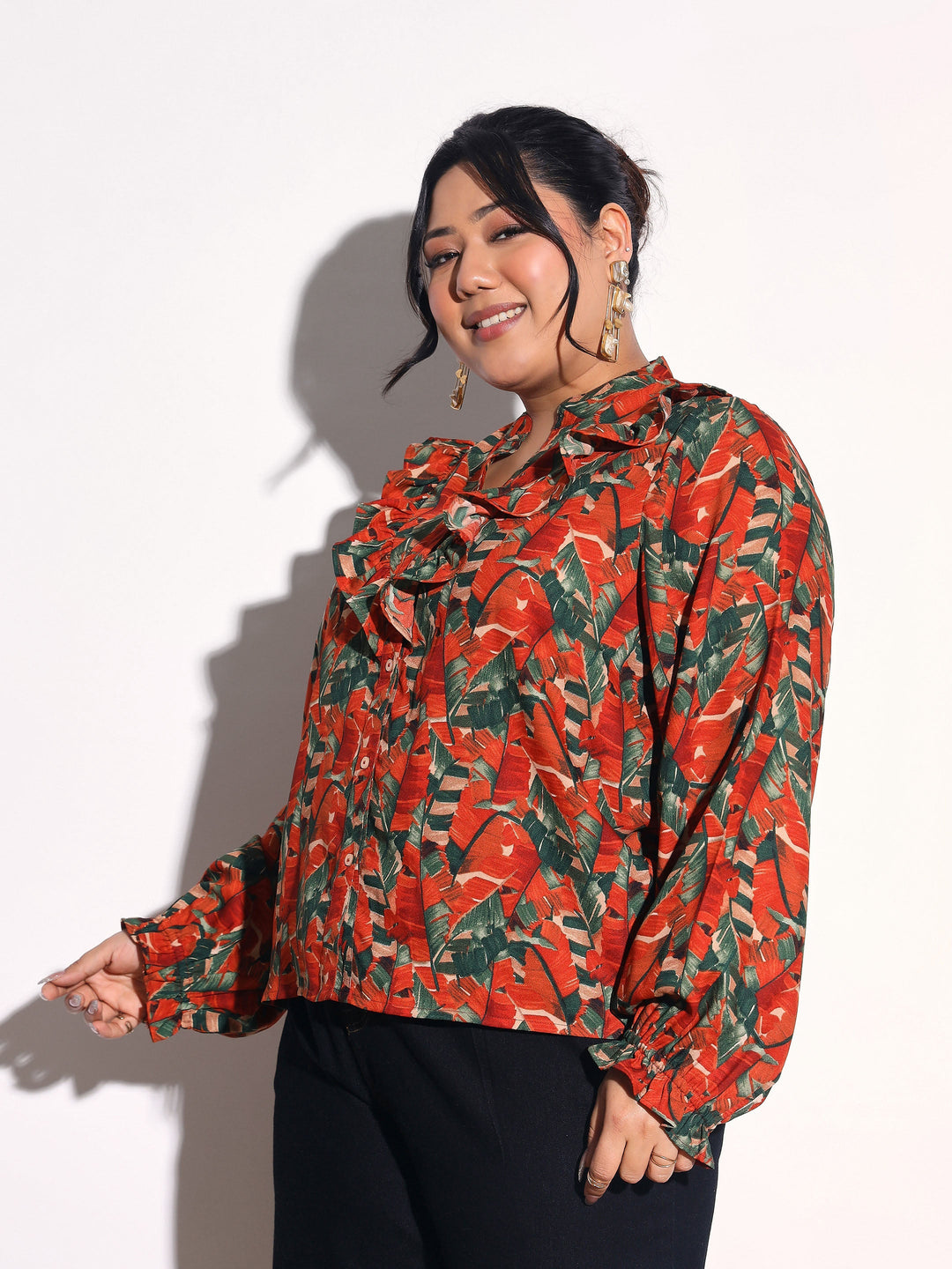 Women Rust Tropical Print Front Frill Regular Shirt