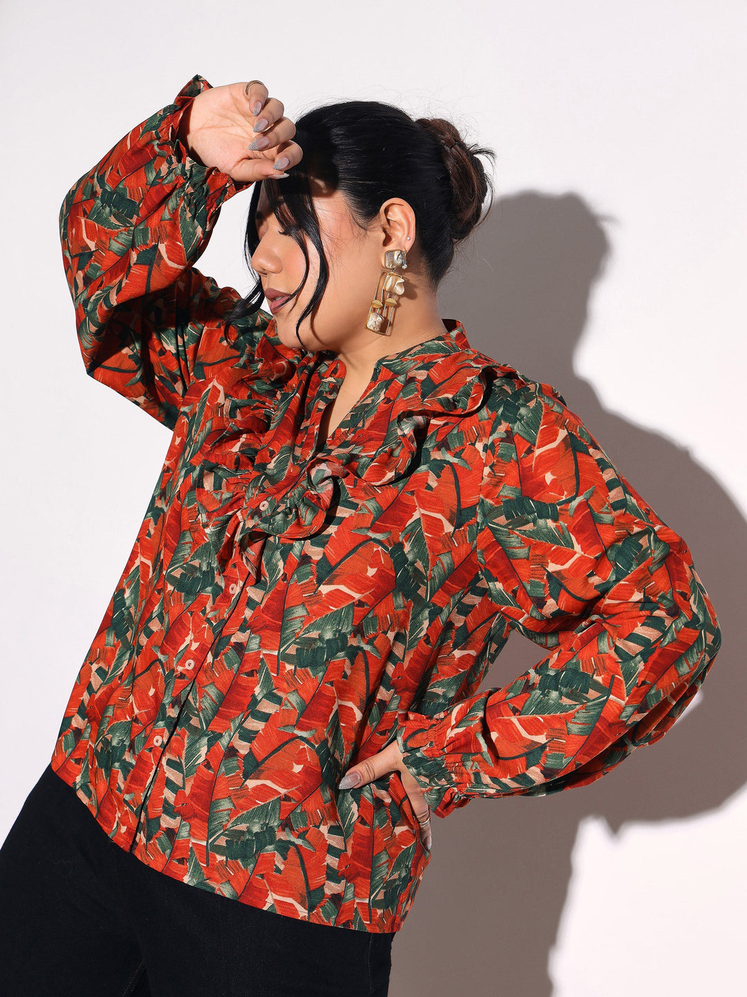 Women Rust Tropical Print Front Frill Regular Shirt