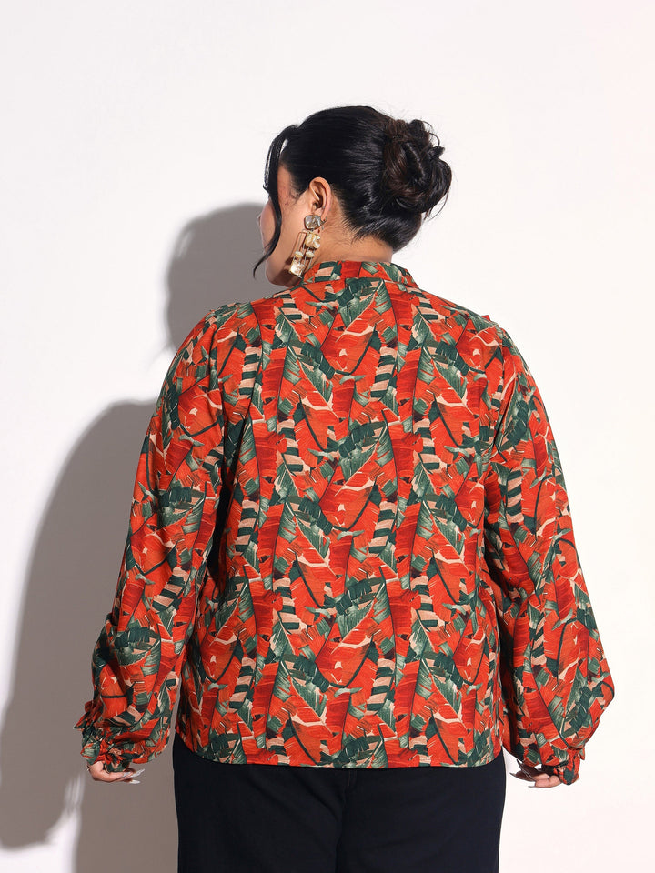 Women Rust Tropical Print Front Frill Regular Shirt