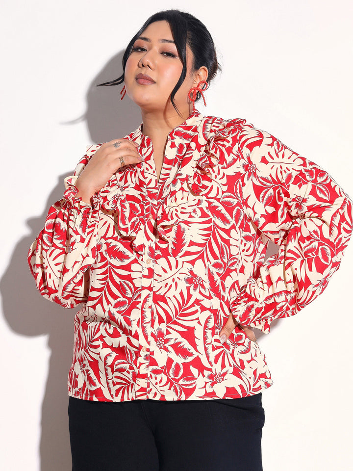 Women Red Floral Front Frill Regular Shirt
