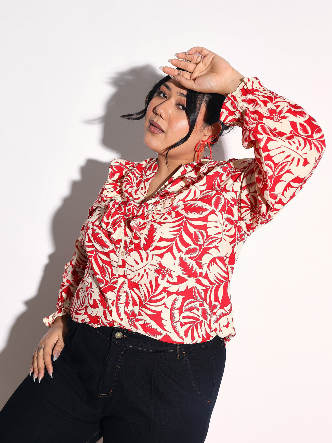 Women Red Floral Front Frill Regular Shirt