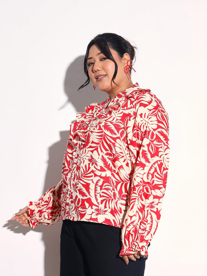 Women Red Floral Front Frill Regular Shirt