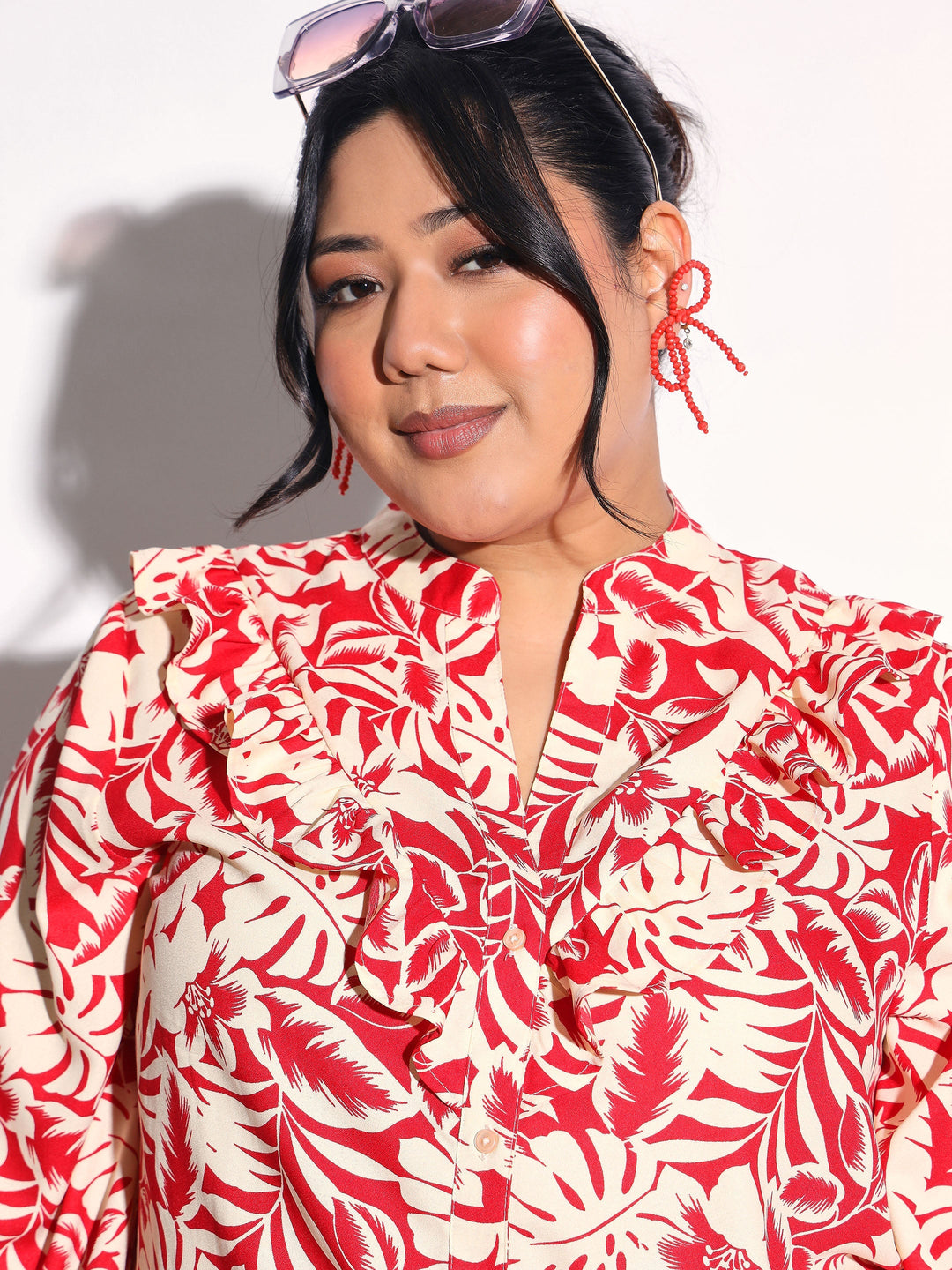 Women Red Floral Front Frill Regular Shirt