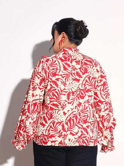 Women Red Floral Front Frill Regular Shirt