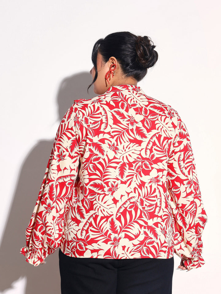 Women Red Floral Front Frill Regular Shirt