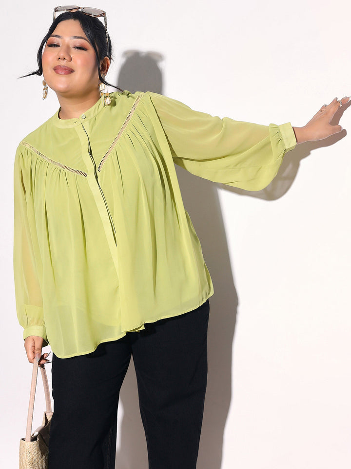 Women Green Solid Front Gathered Lace Shirt