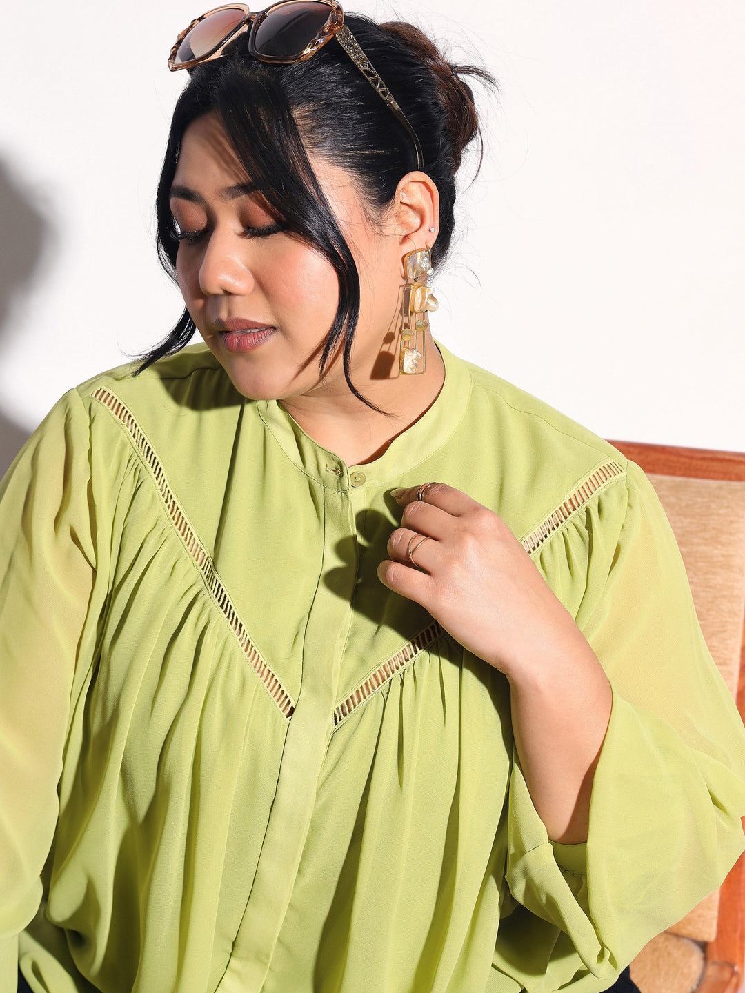Women Green Solid Front Gathered Lace Shirt
