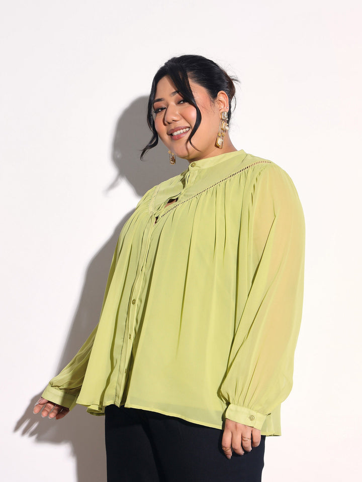 Women Green Solid Front Gathered Lace Shirt
