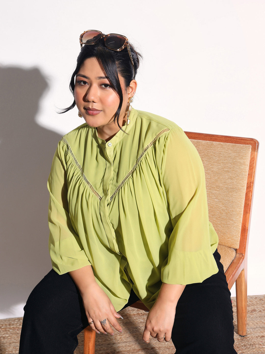 Women Green Solid Front Gathered Lace Shirt
