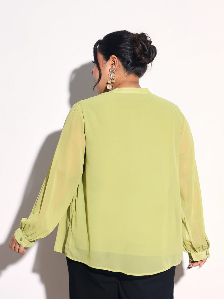 Women Green Solid Front Gathered Lace Shirt
