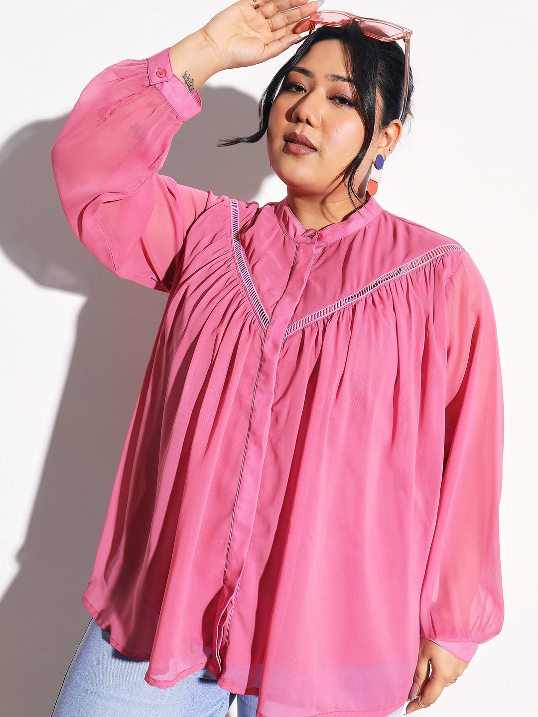 Women Pink Solid Front Gathered Lace Shirt