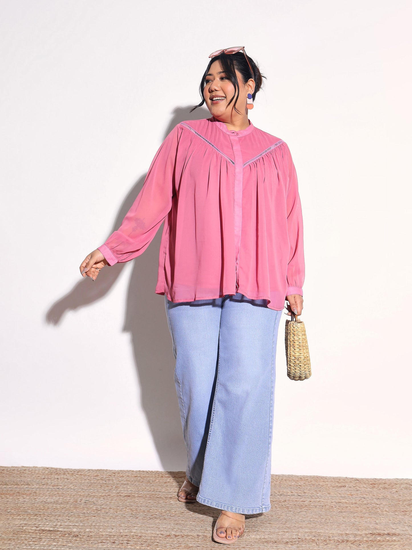 Women Pink Solid Front Gathered Lace Shirt