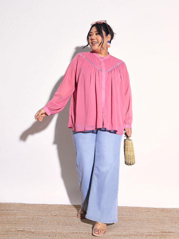 Women Pink Solid Front Gathered Lace Shirt