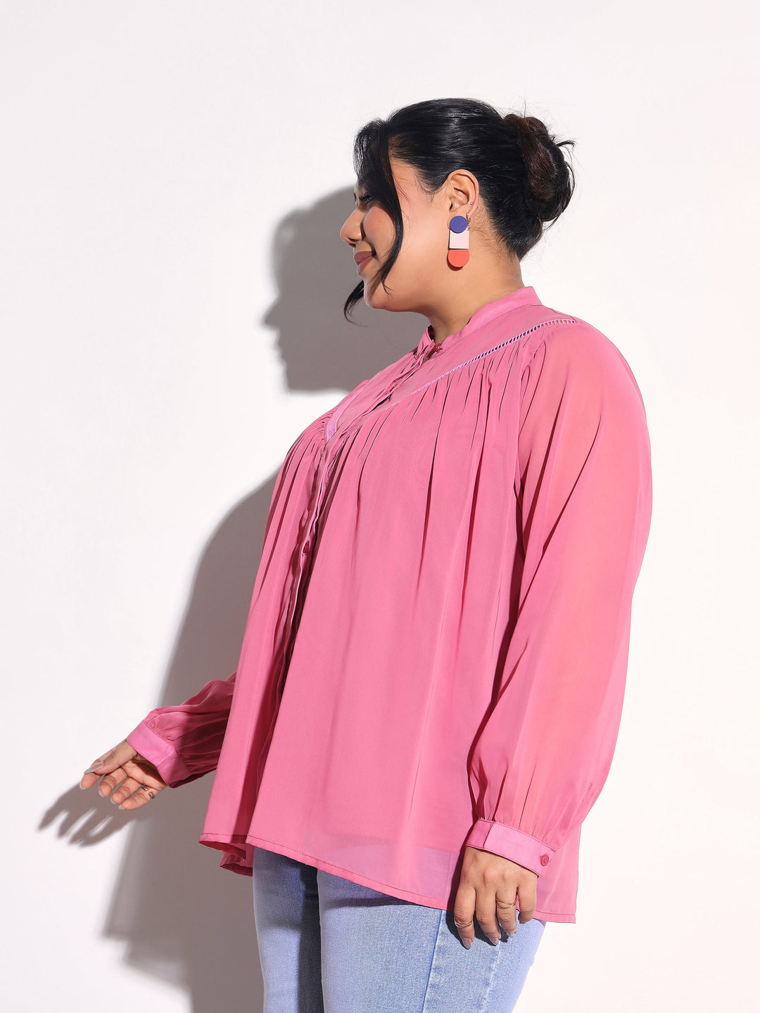 Women Pink Solid Front Gathered Lace Shirt