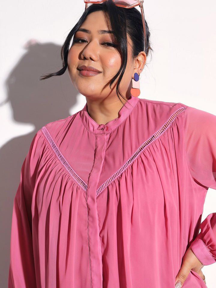 Women Pink Solid Front Gathered Lace Shirt