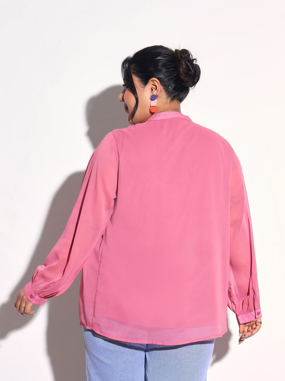 Women Pink Solid Front Gathered Lace Shirt