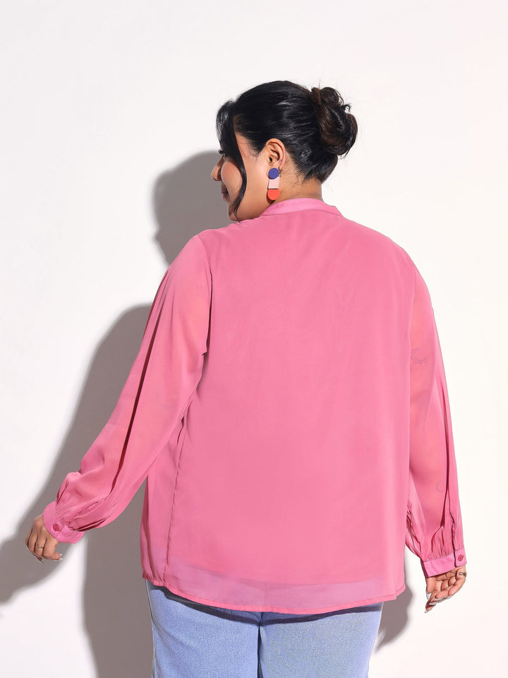 Women Pink Solid Front Gathered Lace Shirt