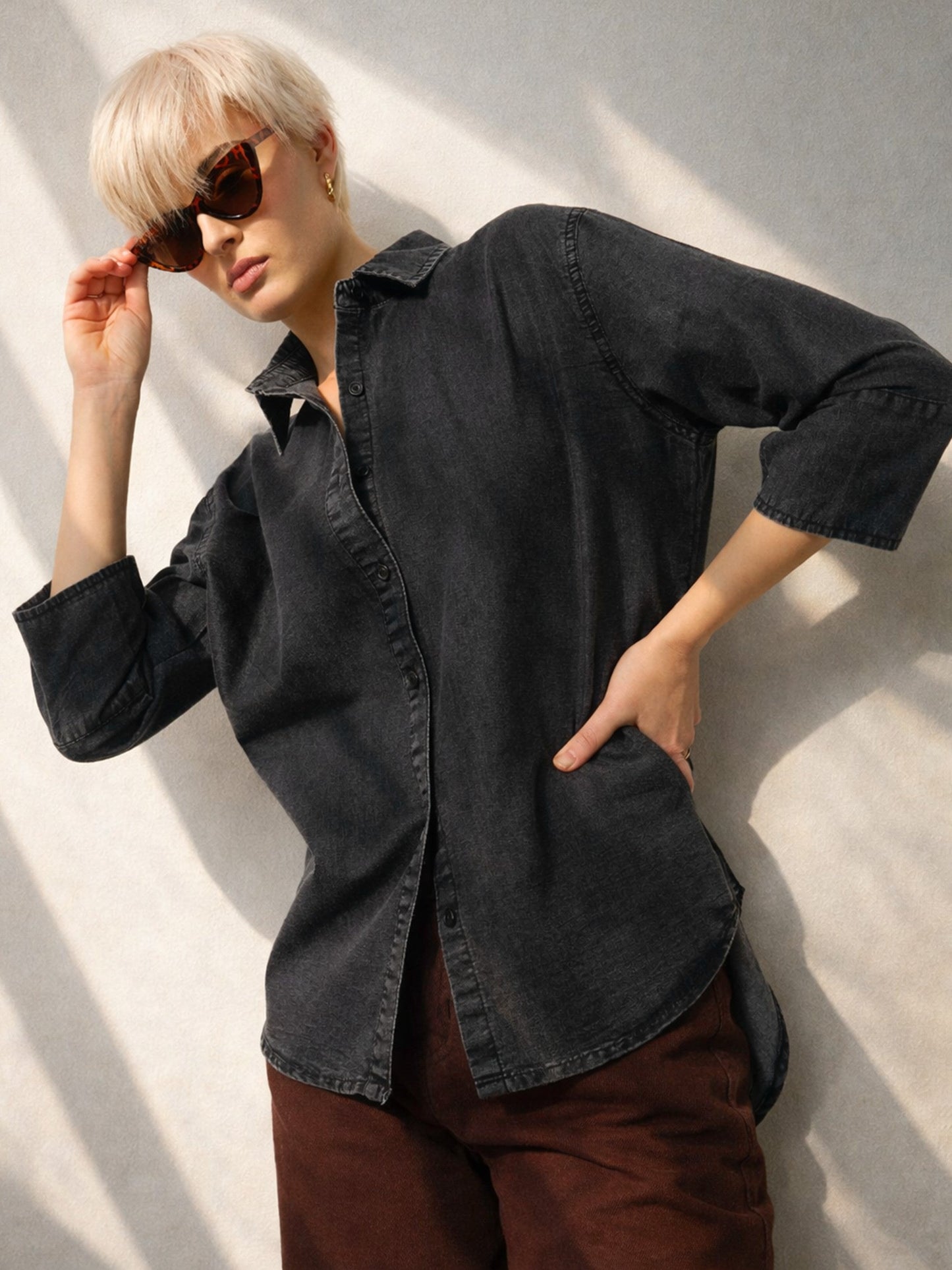 Black Wash Tencel High-Low Oversized Shirt