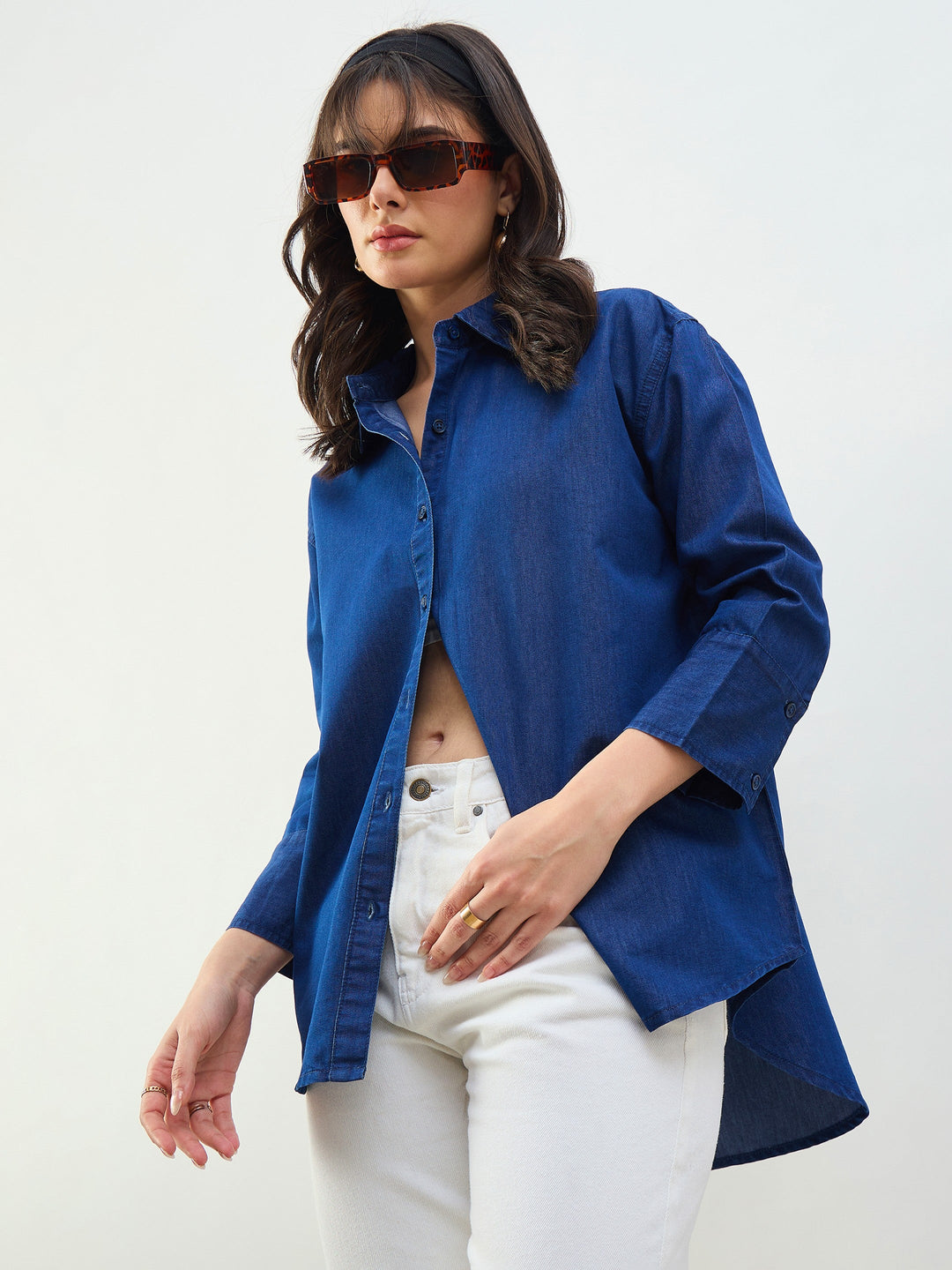 Women Classic Blue Tencel High-Low Oversized Shirt