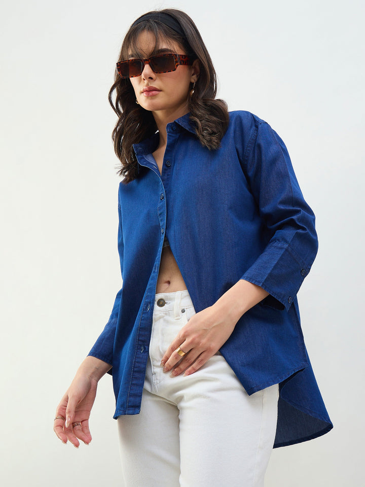 Women Classic Blue Tencel High-Low Oversized Shirt