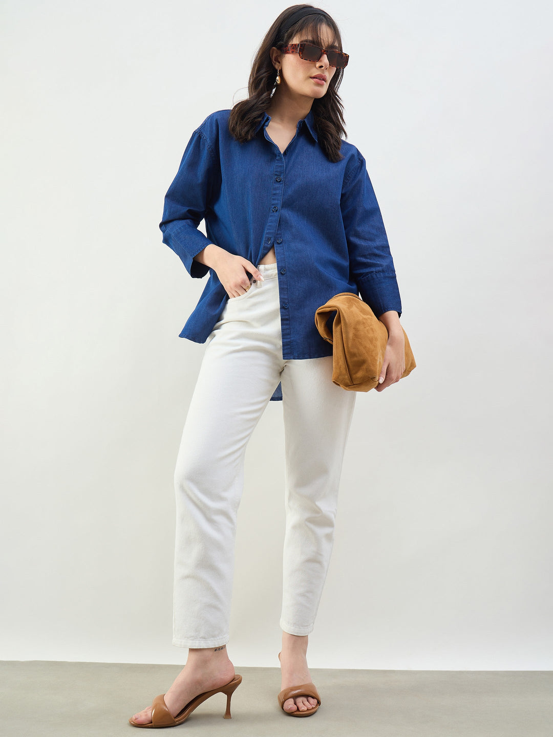 Women Classic Blue Tencel High-Low Oversized Shirt