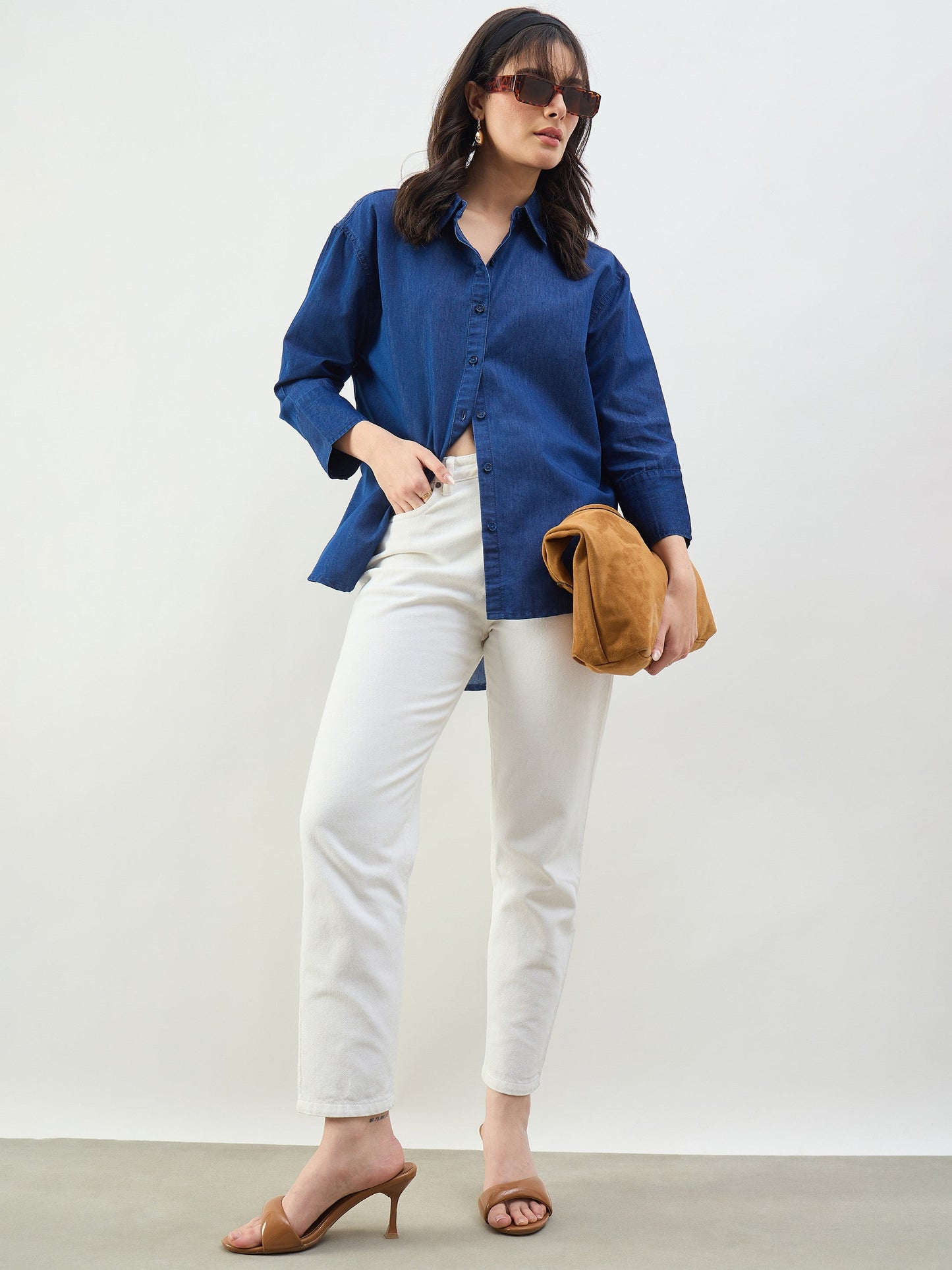 Women Classic Blue Tencel High-Low Oversized Shirt