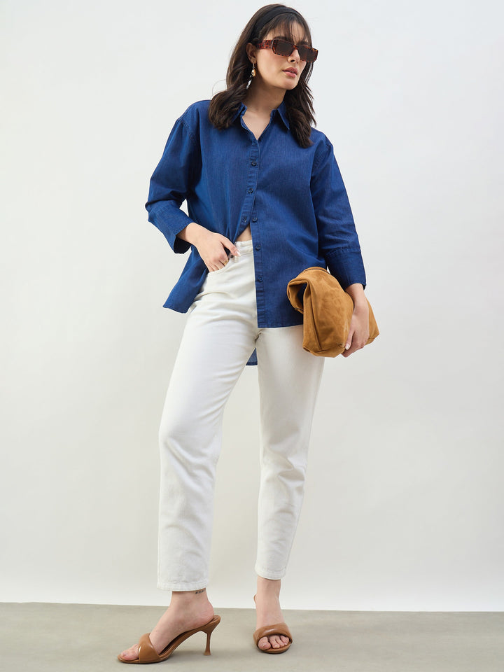 Women Classic Blue Tencel High-Low Oversized Shirt
