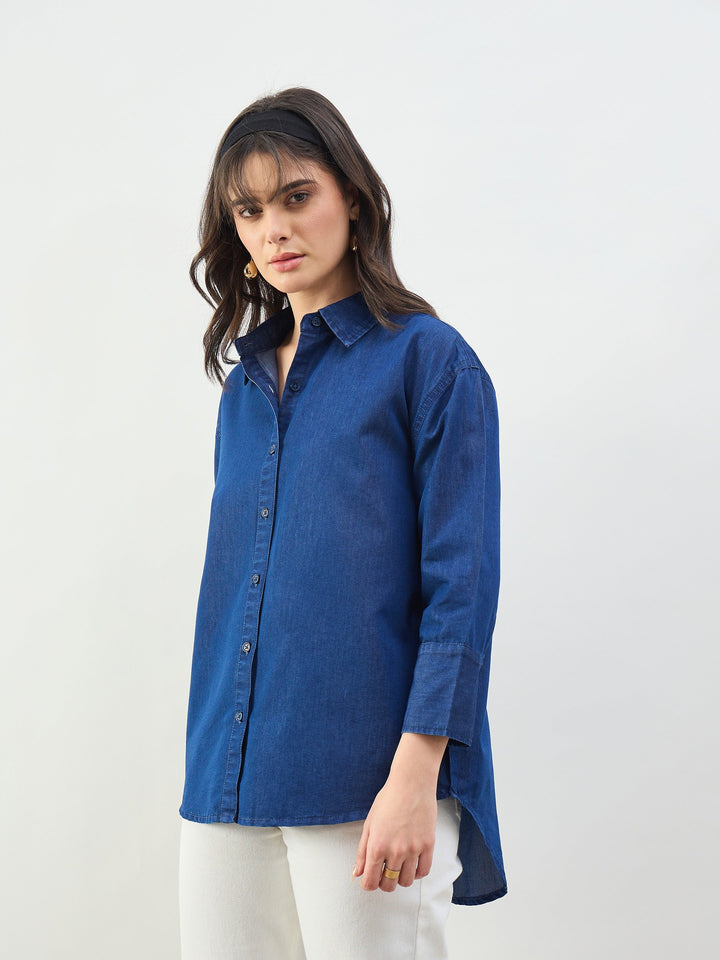 Women Classic Blue Tencel High-Low Oversized Shirt