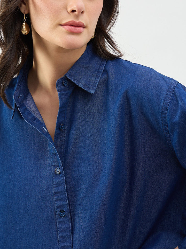 Women Classic Blue Tencel High-Low Oversized Shirt