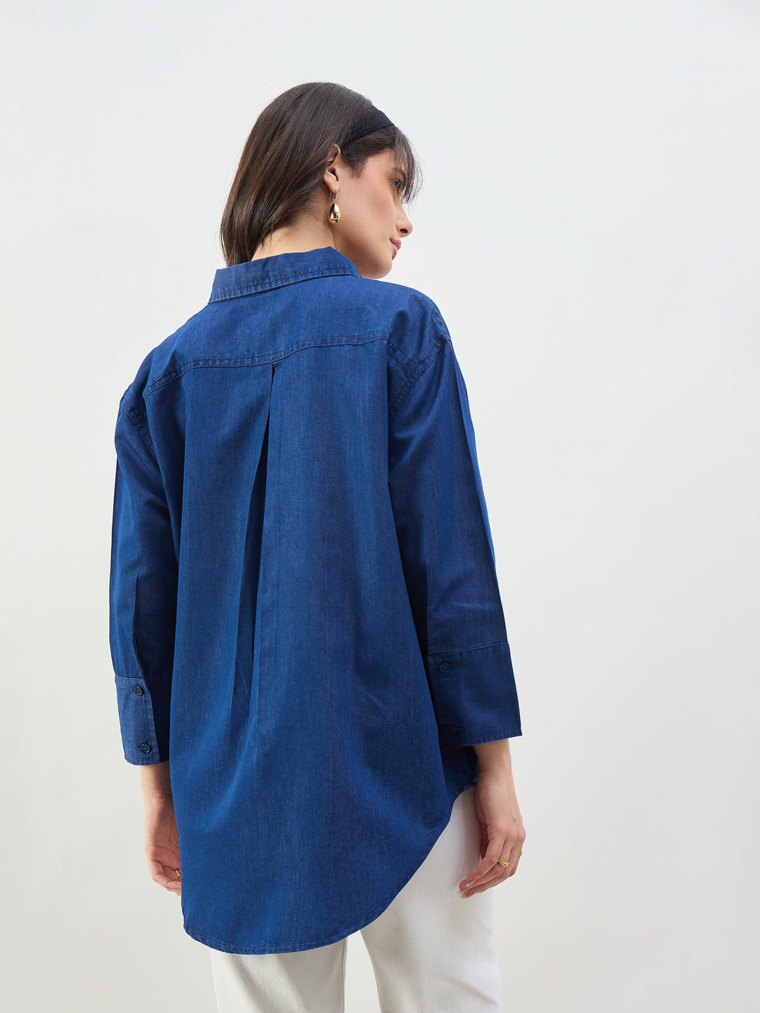 Women Classic Blue Tencel High-Low Oversized Shirt