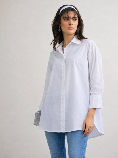 White High-Low Oversized Boxy Poplin Shirt