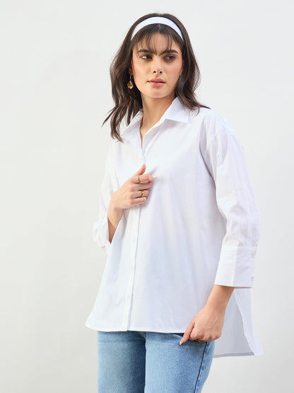 White High-Low Oversized Boxy Poplin Shirt