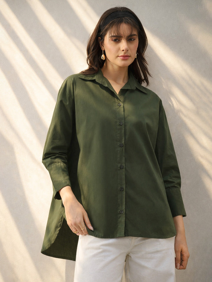 Women Olive Heigh low Oversized Boxy Poplin Shirt