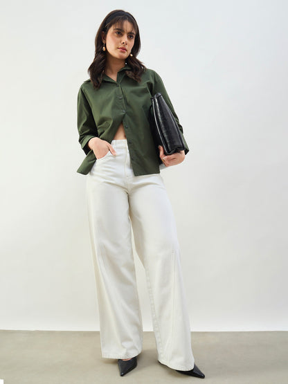 Women Olive Heigh low Oversized Boxy Poplin Shirt