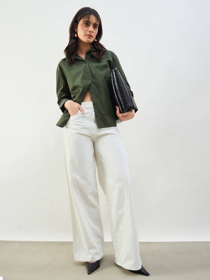Women Olive Heigh low Oversized Boxy Poplin Shirt