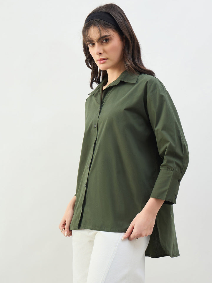 Women Olive Heigh low Oversized Boxy Poplin Shirt